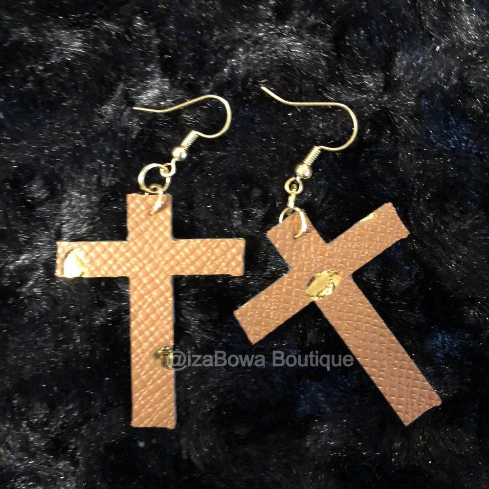 Brown w/ Gold Cross shaped Faux Leather Earrings  ER1600   Handmade NWT Boutique